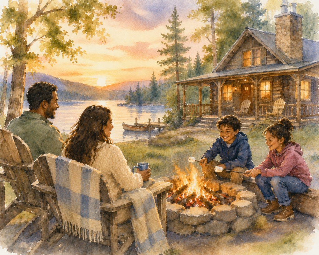 Family enjoying a campfire outside a lakeside cabin at sunset. Estate planning attorney St. Louis.