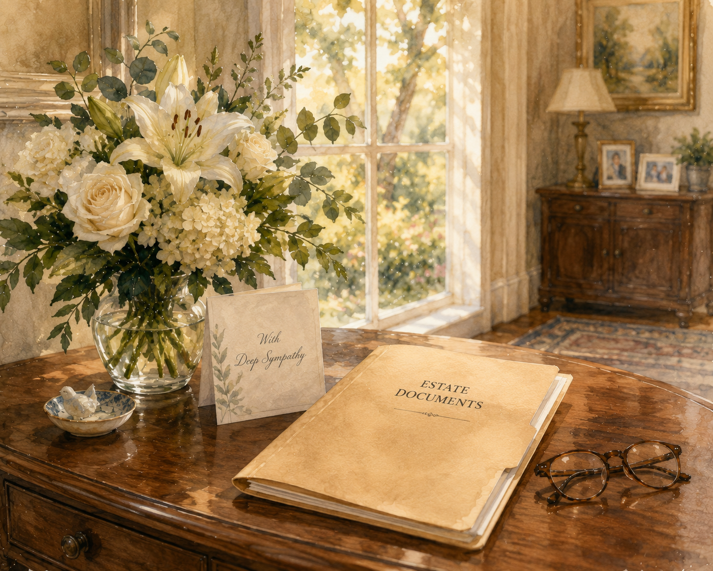 White lilies and roses beside a sympathy card and an estate documents folder on a polished wooden table in a peaceful home. Probate court in Missouri.