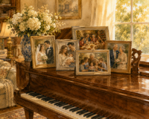 Framed family photographs spanning a lifetime displayed on a grand piano beside fresh white flowers in a warm, welcoming home. Missouri probate laws.