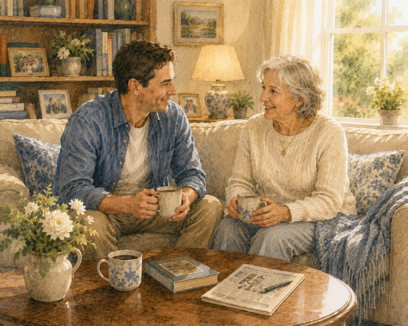Adult son and his elderly mother enjoying coffee together at home while discussing important family and estate planning decisions. Missouri small estate affidavit.