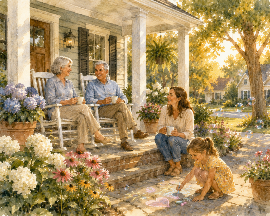 Grandparents enjoying coffee on their front porch while their adult daughter visits and a grandchild plays with sidewalk chalk in the yard. Elder law attorney St. Louis.