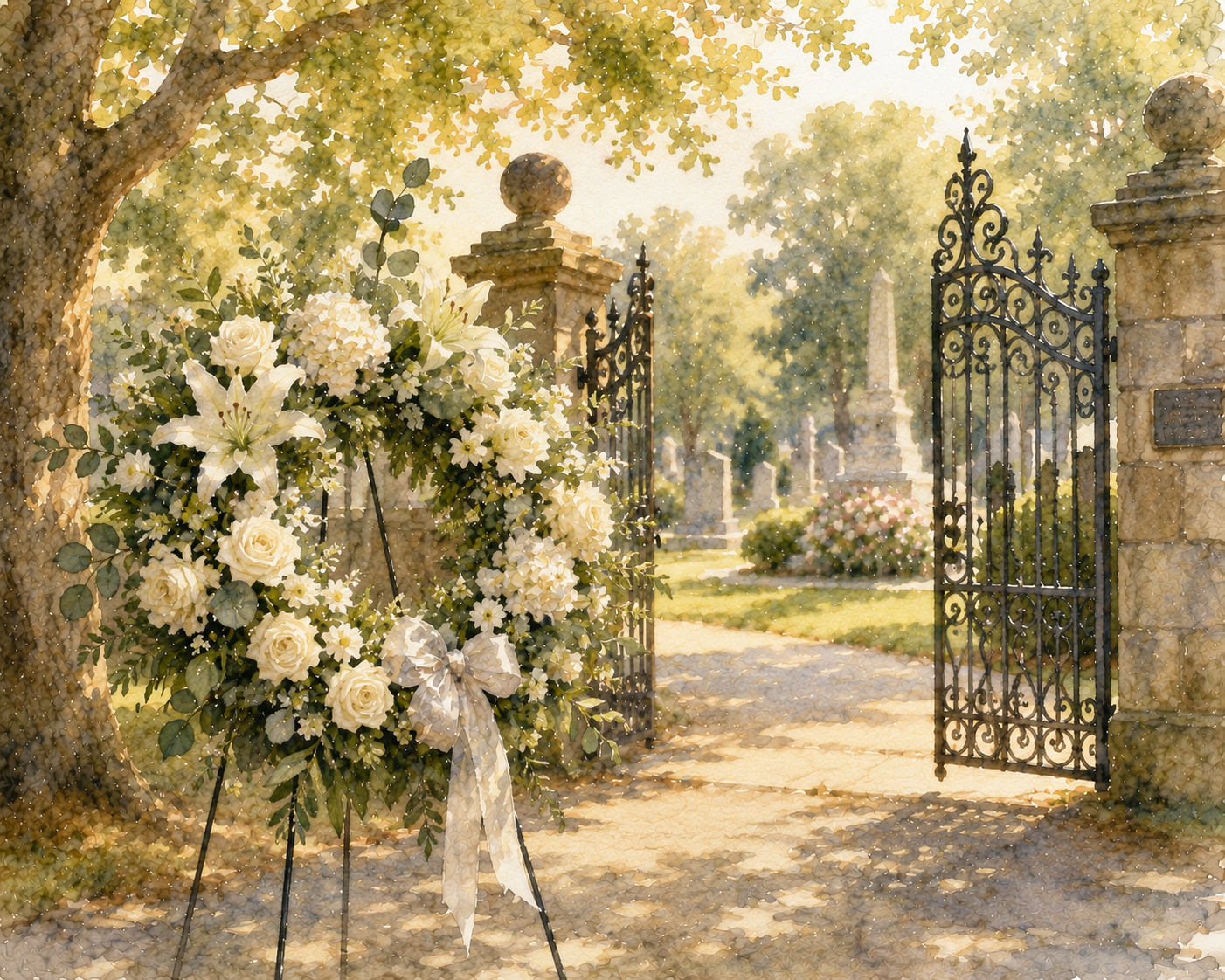A white floral funeral wreath displayed at the entrance to a peaceful cemetery with wrought iron gates, mature trees, and headstones in the background. Probate lawyer Missouri.