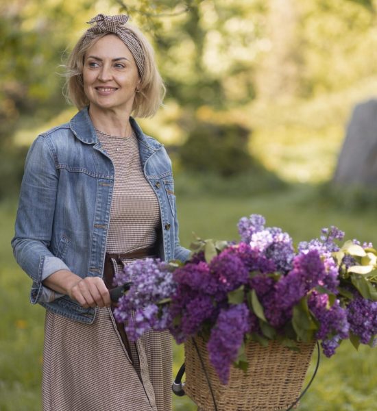 Happy woman with flowers.